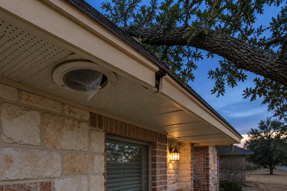 Torn roof vent screen and a gap in the soffit under the eave of a limestone and brick Central Texas home at dusk, with a live oak limb touching the roof