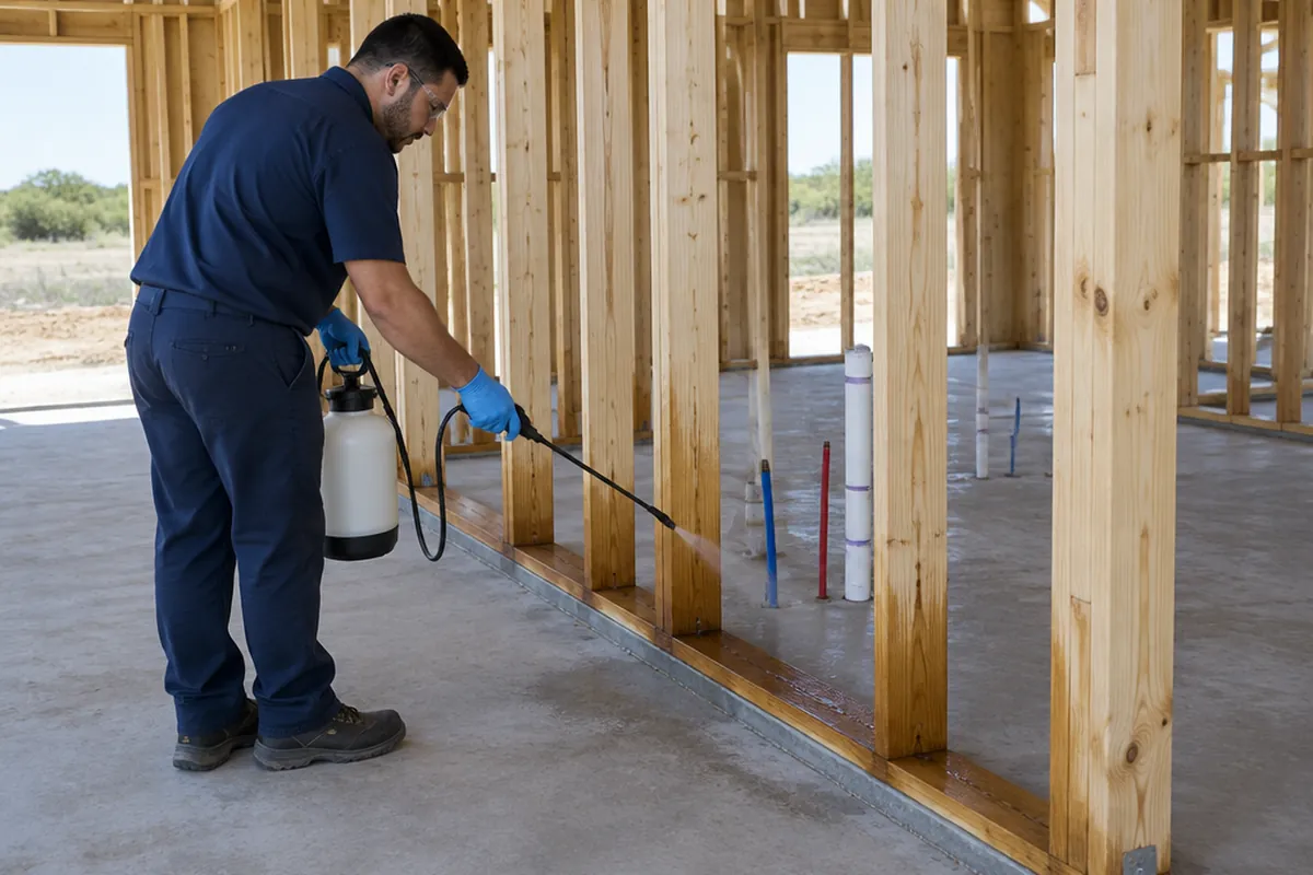 A pest control technician spraying a borate treatment onto the bare wood studs and bottom plate of a new home under construction