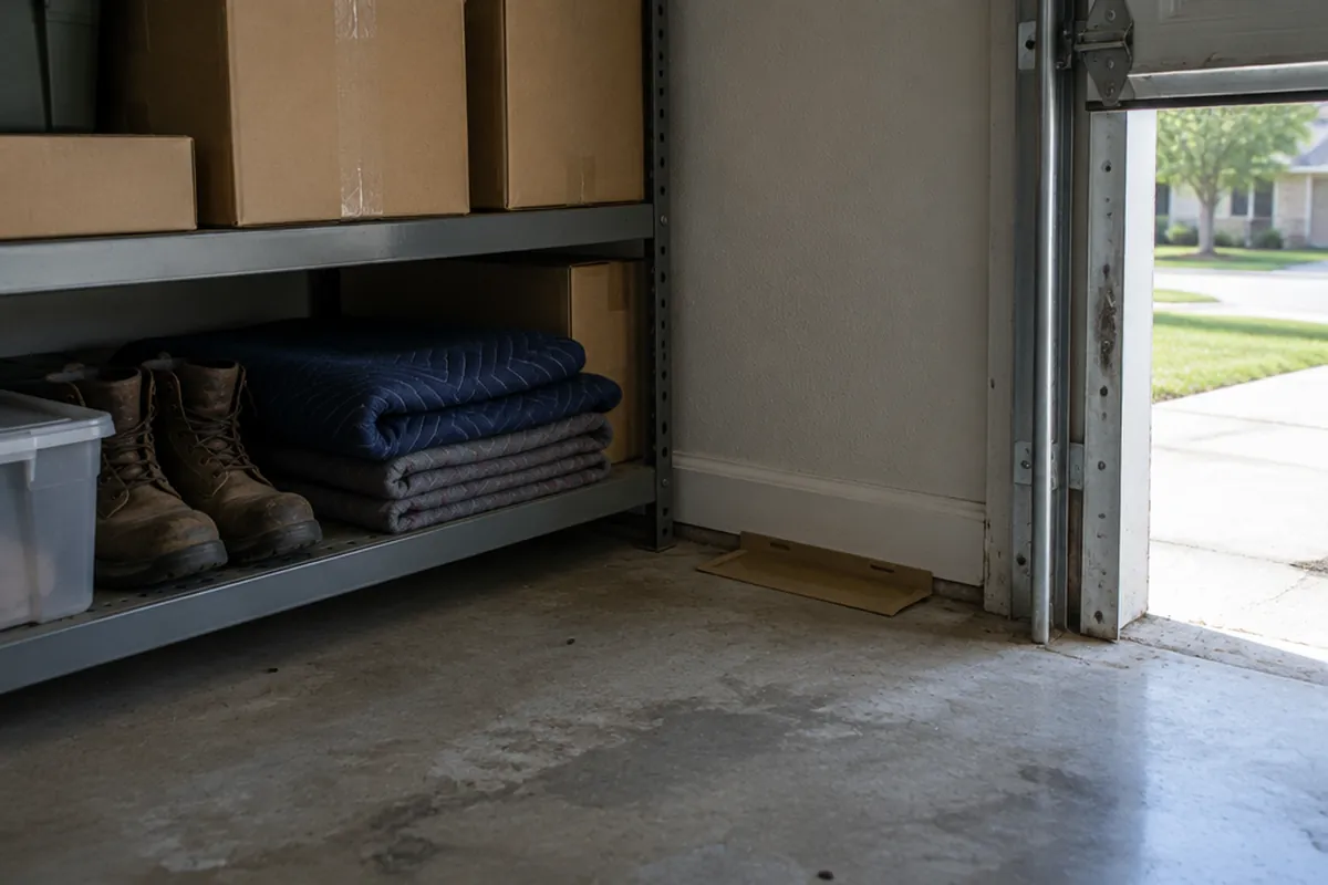 Garage storage shelves with cardboard boxes, boots, and blankets, with a glue monitoring trap on the floor along the wall