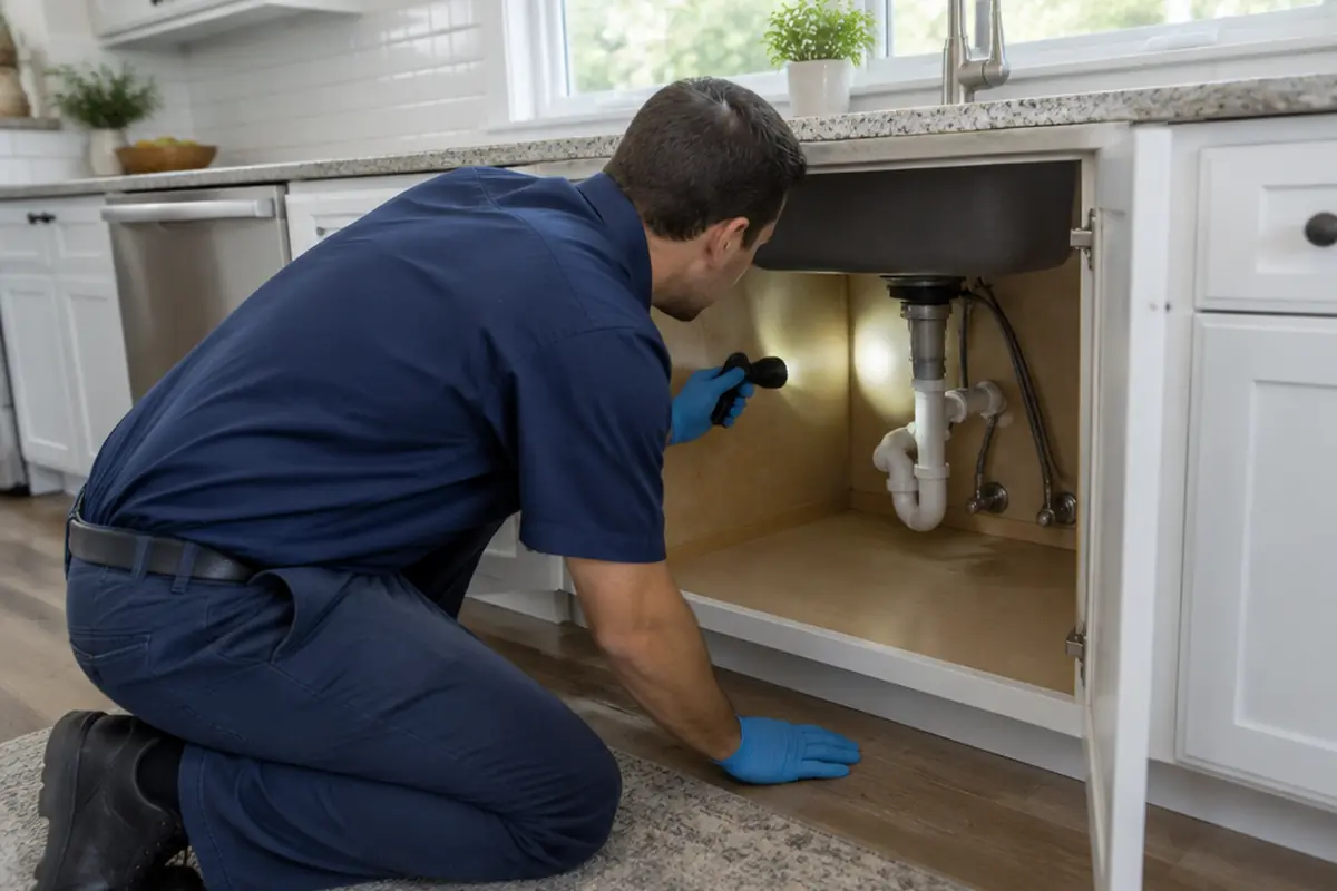 A pest control technician with a flashlight inspecting the plumbing under a kitchen sink cabinet