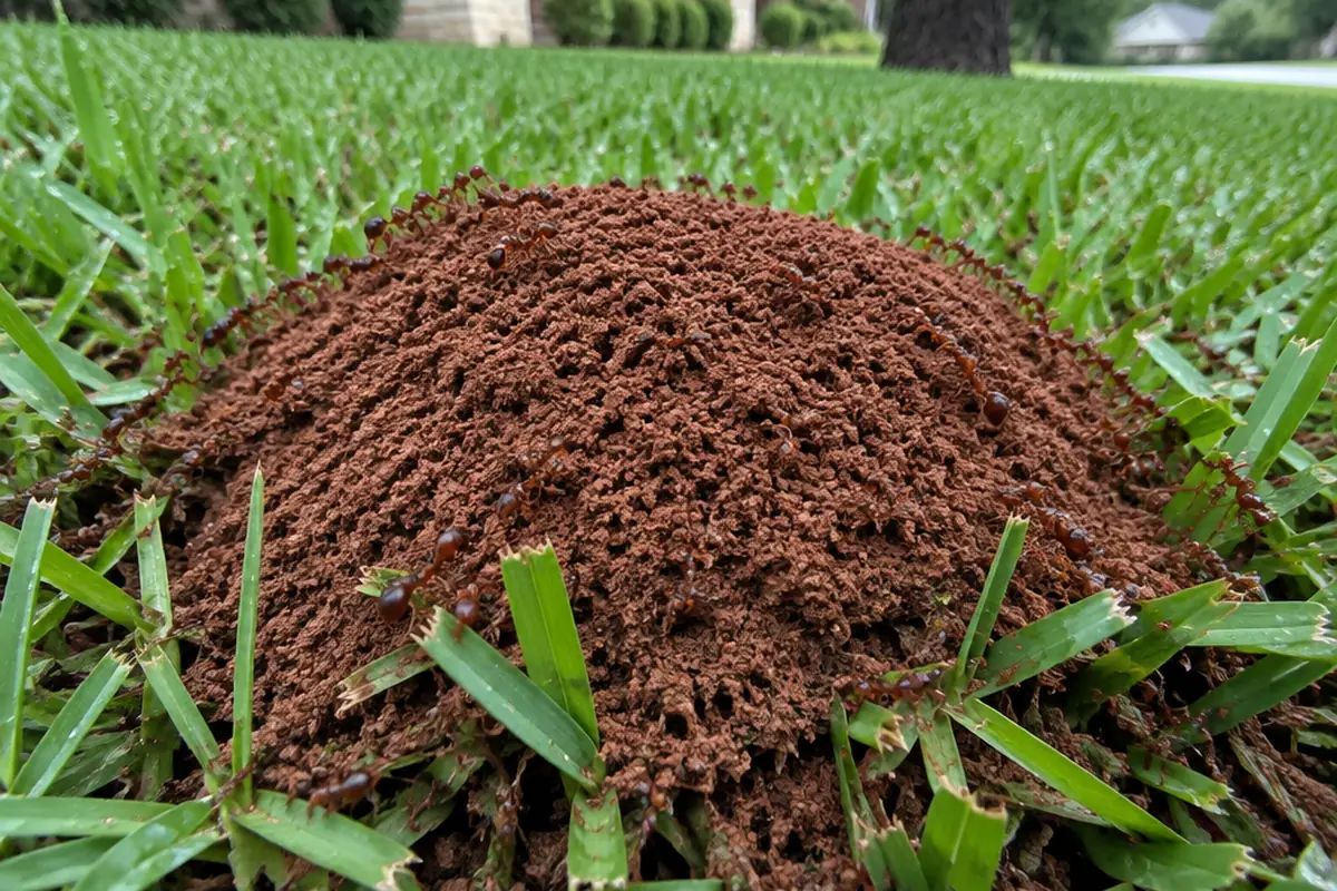 A fire ant mound in a Texas lawn: a dome of loose soil with ants on the surface