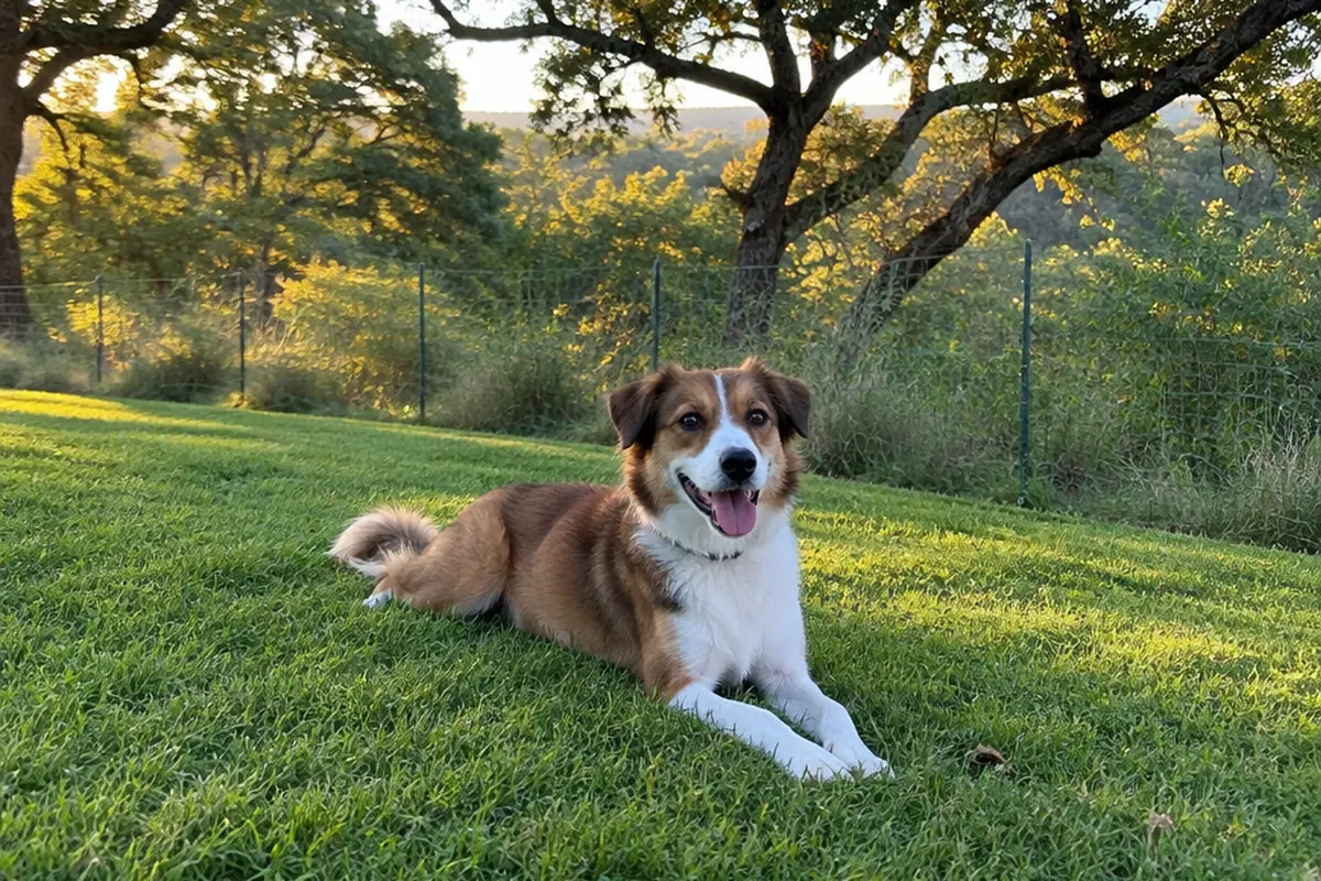 A dog resting on a backyard lawn next to tall grass and brush along a greenbelt fence line