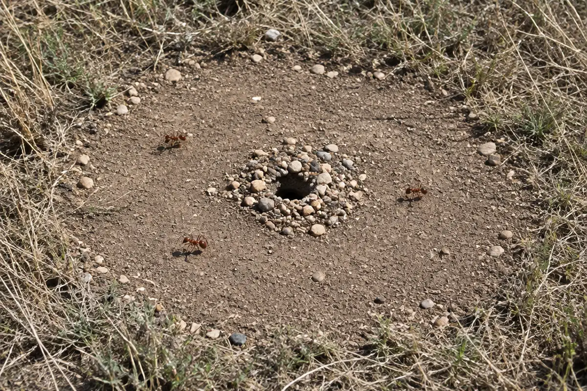 A red harvester ant nest in a dry Texas field: a bare circle of cleared ground with a single entrance hole ringed by pebbles