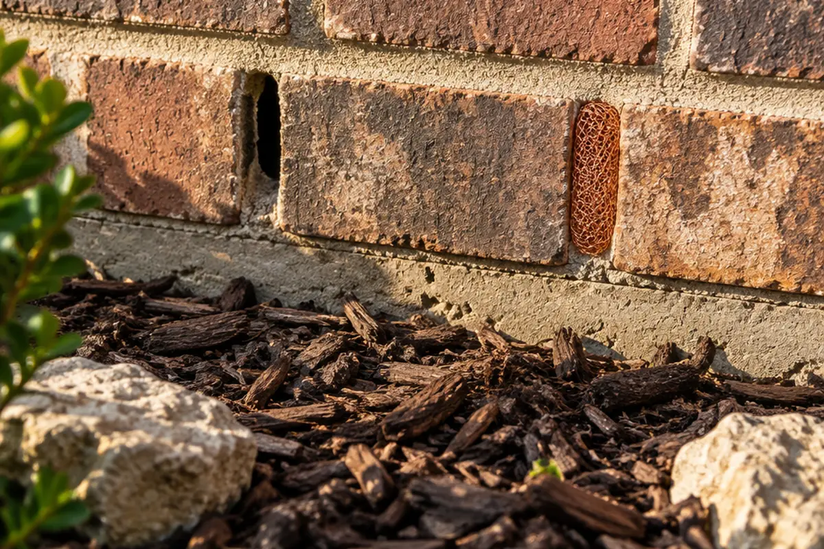 Brick wall of a Texas home at ground level, with one open weep hole and one weep hole plugged with copper mesh