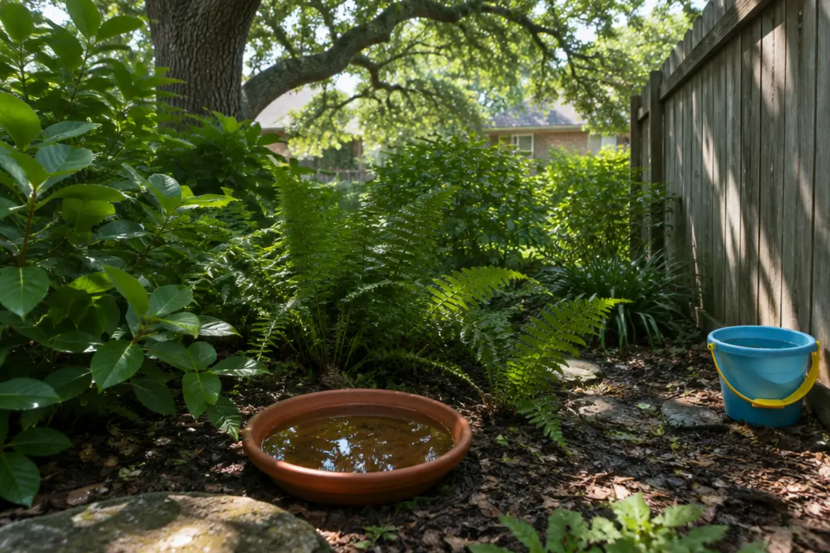 Shaded Central Texas backyard with dense shrubs and a flower pot saucer holding standing rainwater