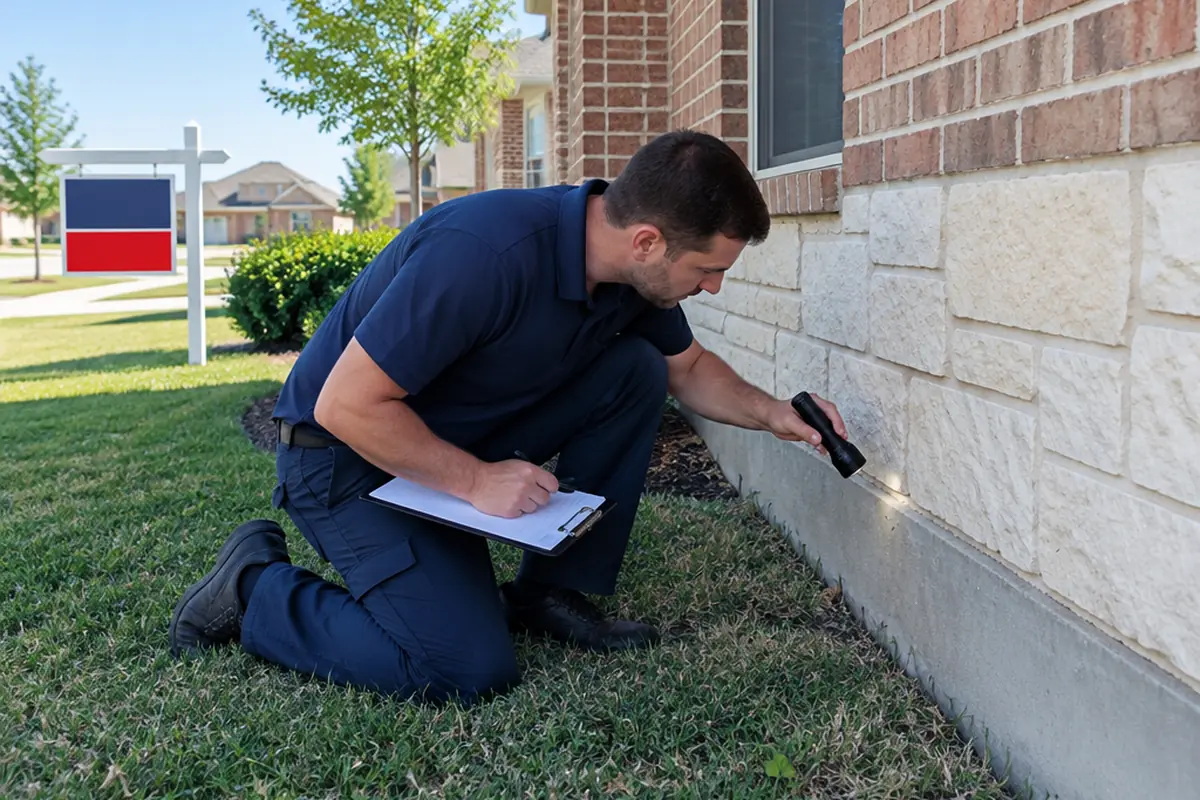 A termite inspector with a flashlight and clipboard checking where the foundation meets the brick wall of a Texas home for sale